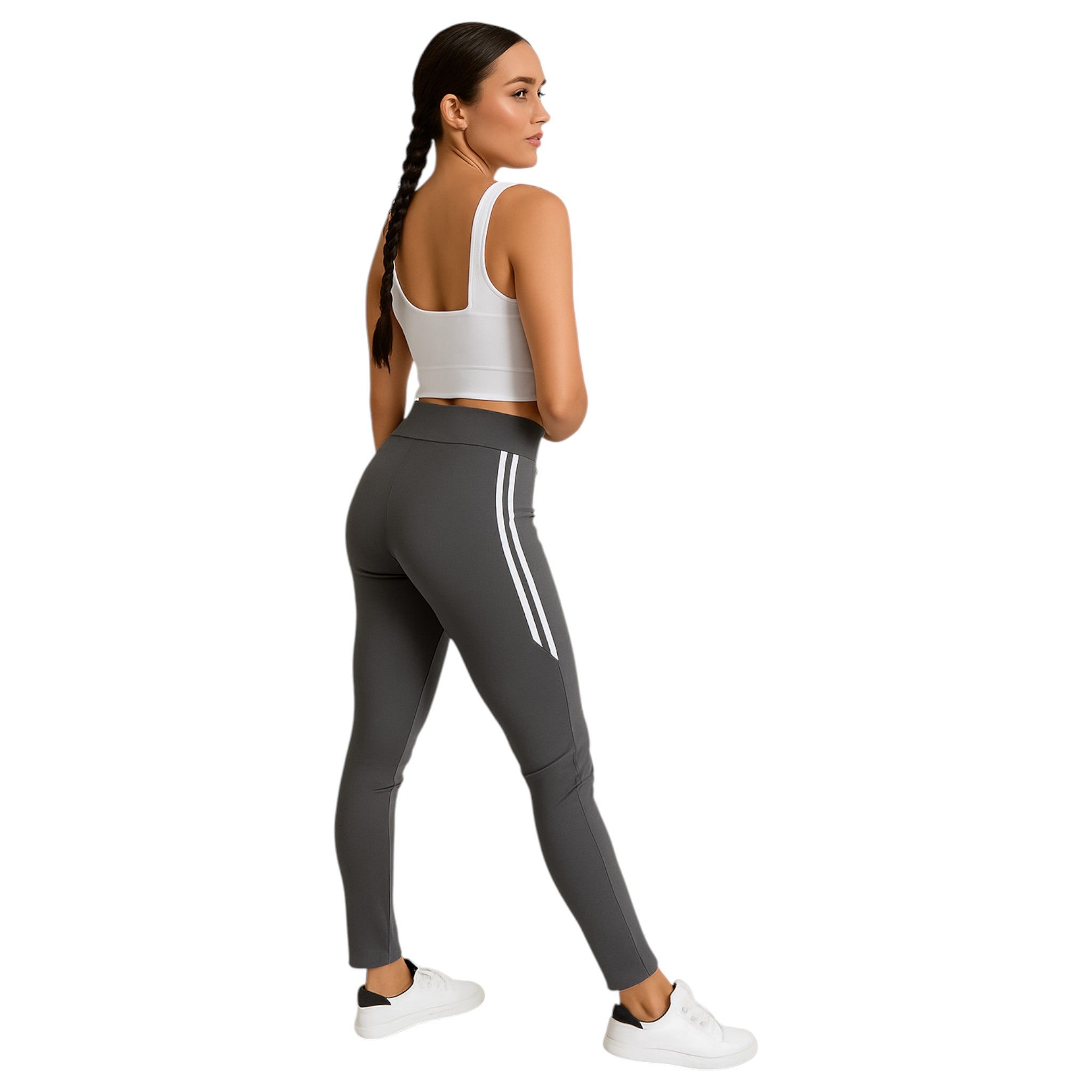 Ladies Grey high-waisted gym leggings with white side stripes for women – stretchy activewear for fitness and casual wear.